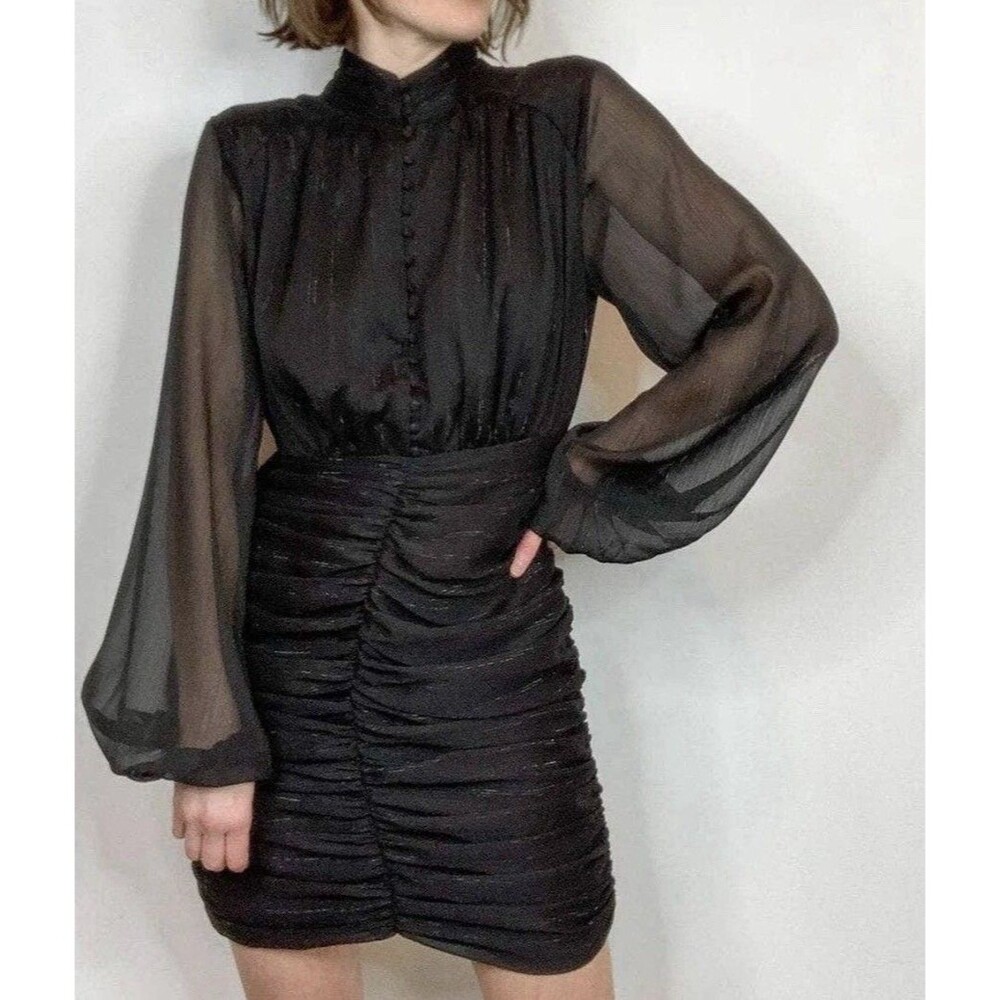 House Of Harlow 1960 Lurex Metallic Ruched Mini Black Sheer Sleeves Dress 10